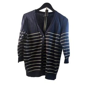 Tommy Hilfiger Womens Navy Blue White Striped V-Neck Cardigan Sweater Large L/G